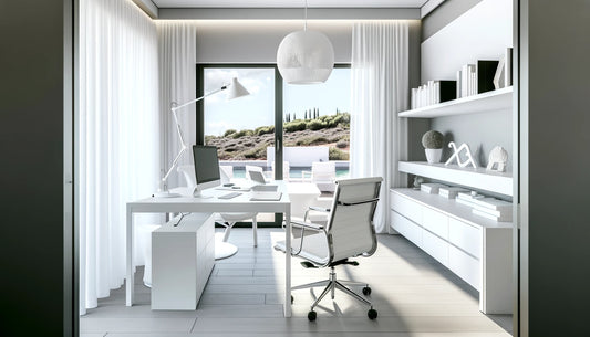 Home office within a villa, captured in a widescreen format. The home office boasts a minimalist yet functional design